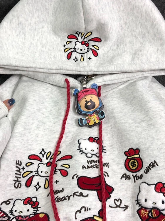 

Retro Embroidered Kit Hoodie Women's Loose Fit Autumn Winter New Design Sense Cartoon Print Long Sve Sweatirt