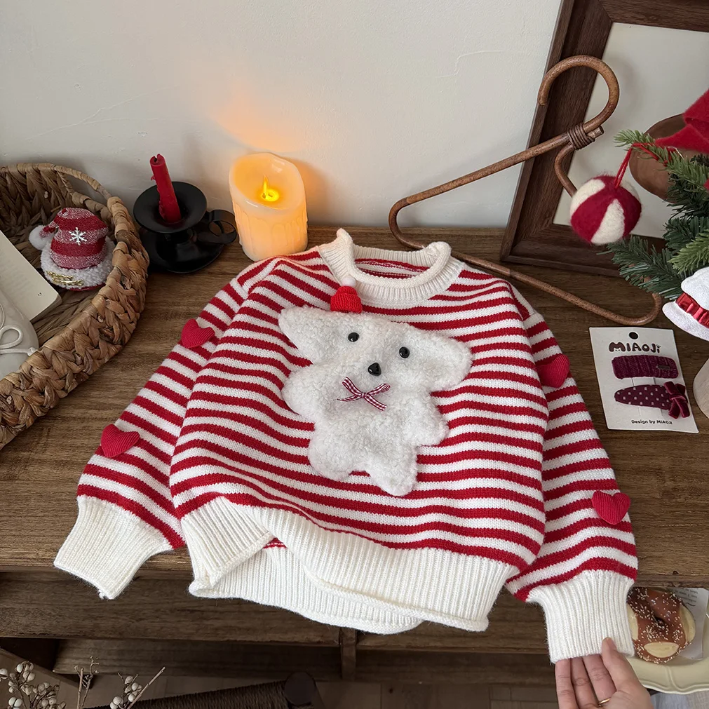 

Утепленный вязаный свитер для девочек, осенне-зимний, в полоску, для ношения под одеждой, милый, свободного кроя, с длинным рукавом, круглым вырезом, теплый