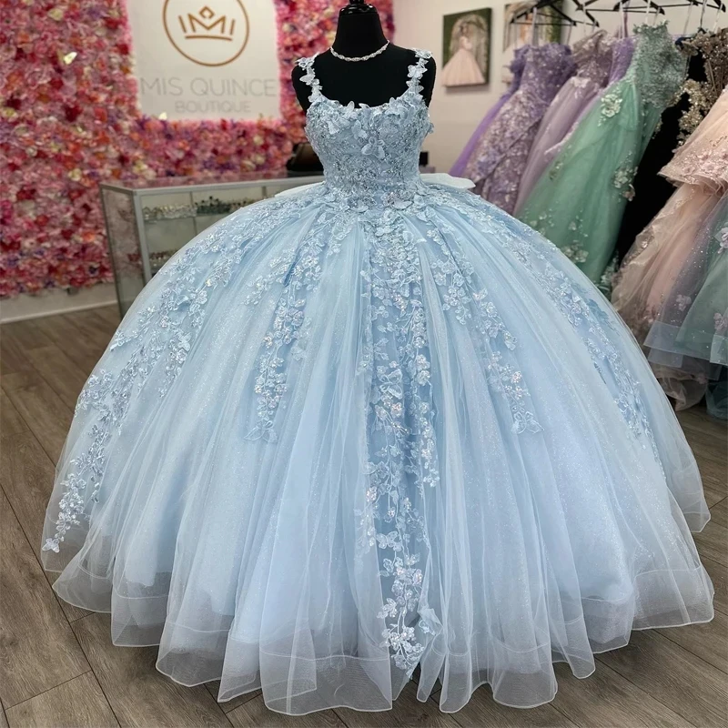 

Sky Blue Shiny Elegant Quinceanera Dresses Sleeveless Beaded Appliques Bow Flower Ball Gown Vestidos De 15 Años Sweet 16