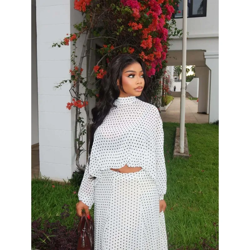 African Women Polka Dot Chiffon Suit Elegant Crop Top Flared Long Skirt 2 Pieces Set Modest Daily Party Vacation Matching Set view 5