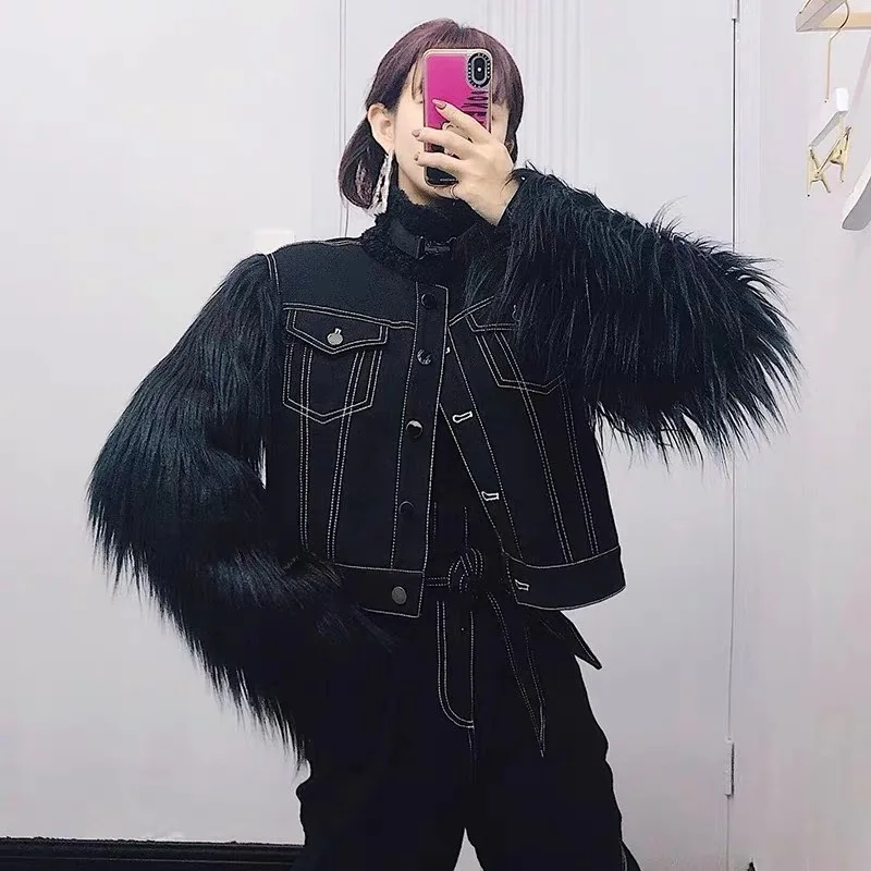 High Collar Splicing Women Short Denim Jacket Loose Woolen Sleeve Tops Glamorous Black Single Breasted Coat New Arrival In Stock