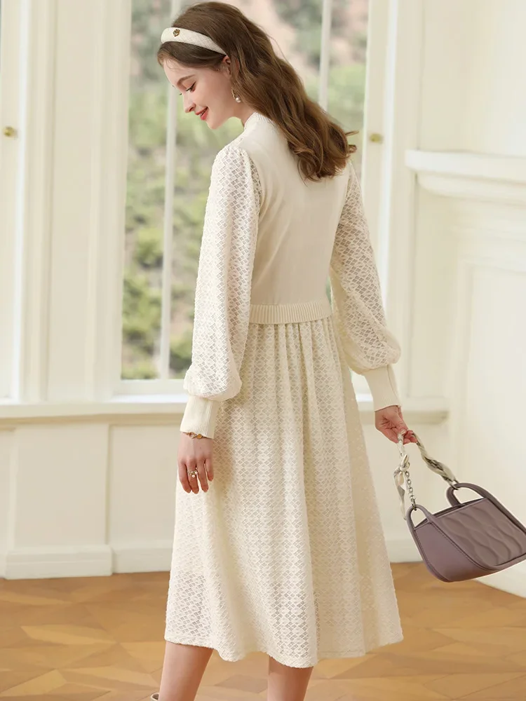 I BELIEVE YOU Women Dresses French Gentle Beaded Knitted Spliced Long Sleeve 2024 Winter New A-line Solid Dress Lady CMQ235316A