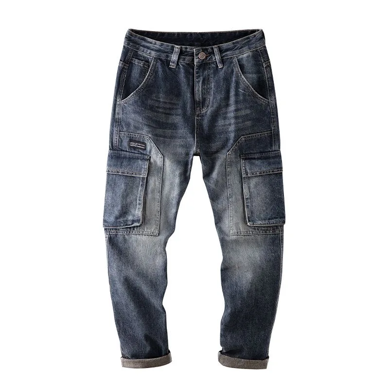 Autumn and Spring Fashion Trend Retro Sports Straight Leg Multi-pocket Jeans Men's Casual Loose Plus Size High-grade Denim Pants