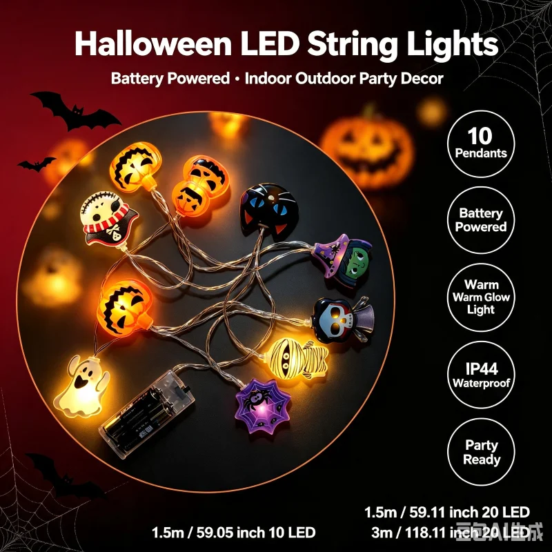 Battery Powered Halloween String Lights 10/20LED Pumpkin Ghost Spider, 1.5M/3M 8 Modes for Autumn Indoor Outdoor Party Decor