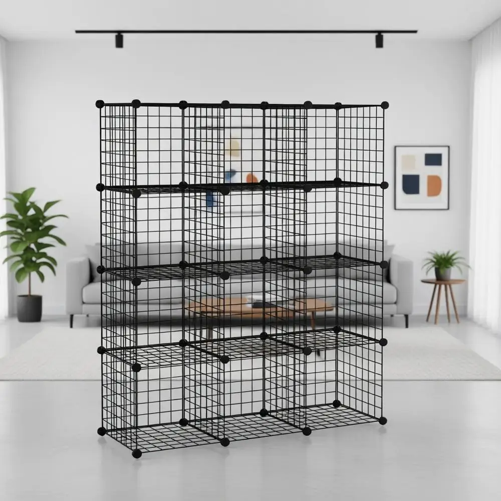 

Металлический органайзер для хранения на 12 ячеек, стеллаж с сетчатыми контейнерами, идеально подходит для книг, гардероба, спальни, офиса - 36,6 длина x 12,4 ширина x 48,4 высота, черный