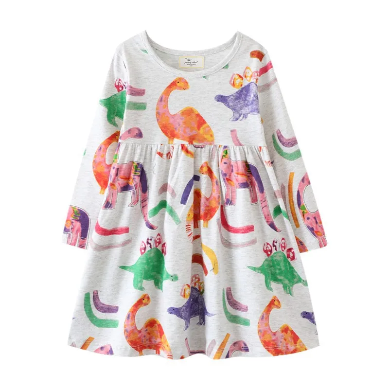 Jumping Meters New Arrival Dinosaurs Print Long Sleeve Birthday Dresses For Kids Girls Clothing Autumn Spring Animals Print Tops