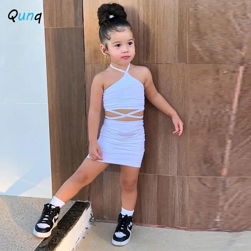 Qunq Summer New Girls Solid Hanging Neck Skinny Sleeveless Top + Skirt 2 Pieces Set Fashion Lovely Casual Kids Clothes Age 3T-8T