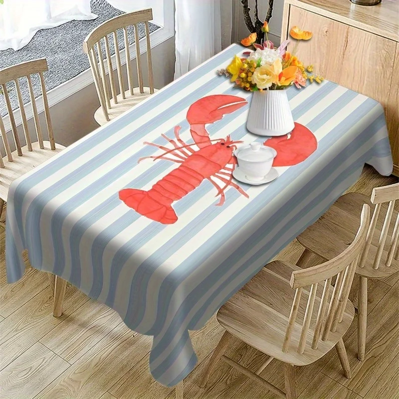 Blue White Stripes Red Lobster Rectangle Tablecloth for Table Decor Summer Coastal Nautical Kitchen Dining Table Cloth for Party