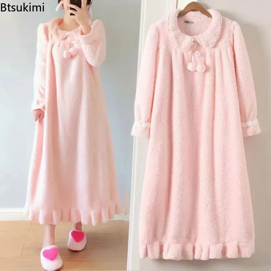 2026 Women's Thick Flannel Nightgown Autumn and Winter Warm Solid Color Long Sleeved Lace Sleepwear New Sweet Girl's Nightgown
