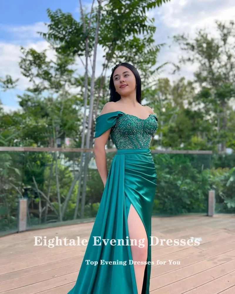 Eightale Green Evening Dresses Off the Shoulder Side Slit Appliques Formal Mermaid Prom Wedding Party Gowns Satin Abendkleid