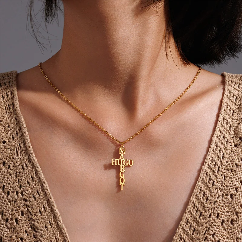 Letdiffery Custom 2 Names Cross Necklace for Women Men Stainless Steel Personalized Letter Cross Pendant Christian Faith Gifts