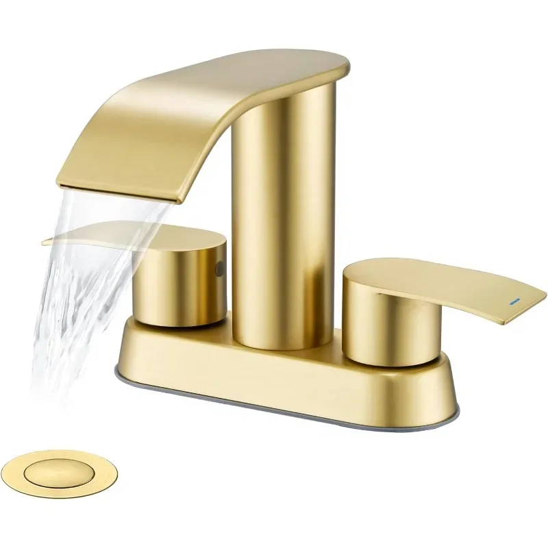 Bathroom Sink Faucet Brushed Gold,Two Handles Bathroom Faucet with Metal Pop up Sink Drain Stopper,Basin Lavatory Mixer Tap