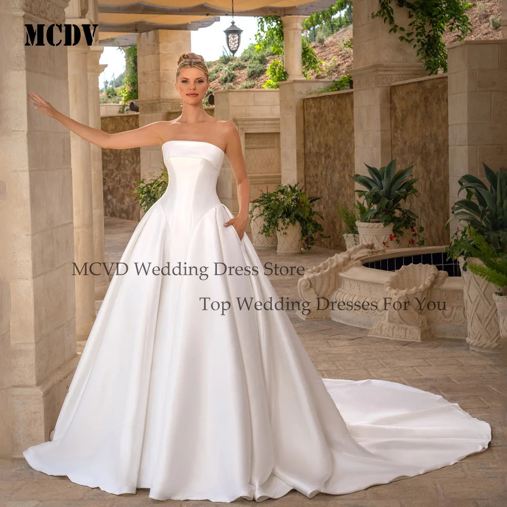 

MCDV Exquisite A Line Sexy Wedding Dresses Sleeveless Satin Pleat Bride Gowns 2025 Sweep Train Vestidos De Novia Customized