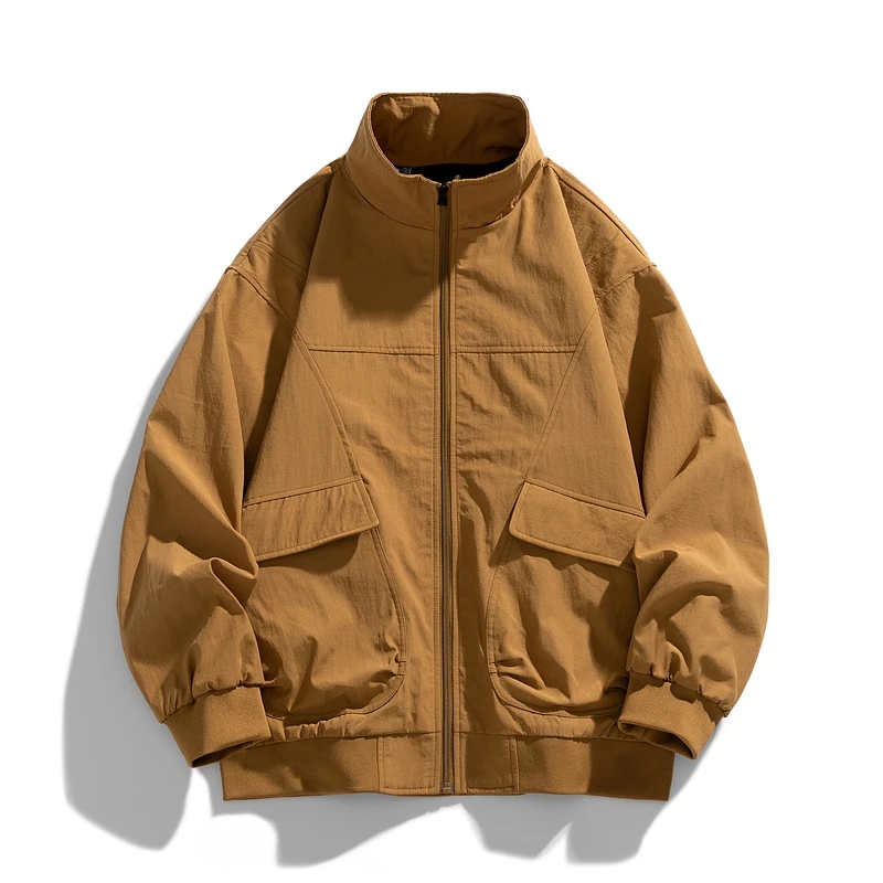 

Стильная рабочая одежда, воротник-стойка, большой карман, мужская свободная куртка на молнии, повседневное пальто в стиле ретро, свободный силуэт, текстурированная куртка с большим карманом