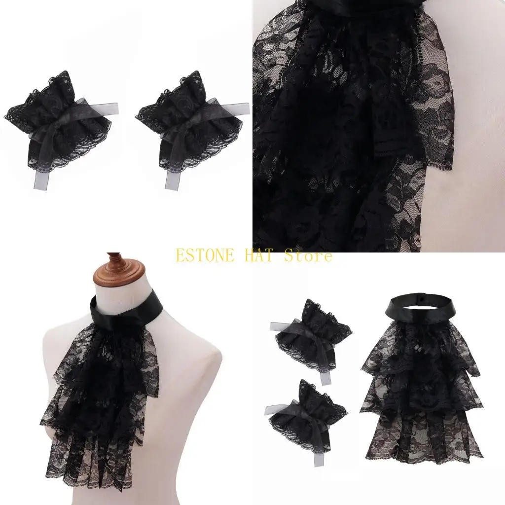 49MF Victorian Colonial Jabot Set Ruffled Lace Necktie Collar with Wrist Cuffs Set