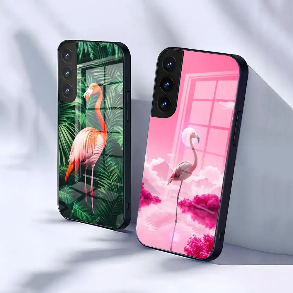Pink Red Flamingo Phone Case For Samsung S26 S25 S24 FE S23 S22 S21 Plus S20 Ultra Note20Ultra Black Glass Cover