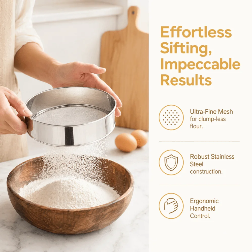 Stainless Steel Stainless Steel Flour Sifter Round Hanging Ring Fine Mesh Round Handheld Lightweight Silver Manual Flour Sifter