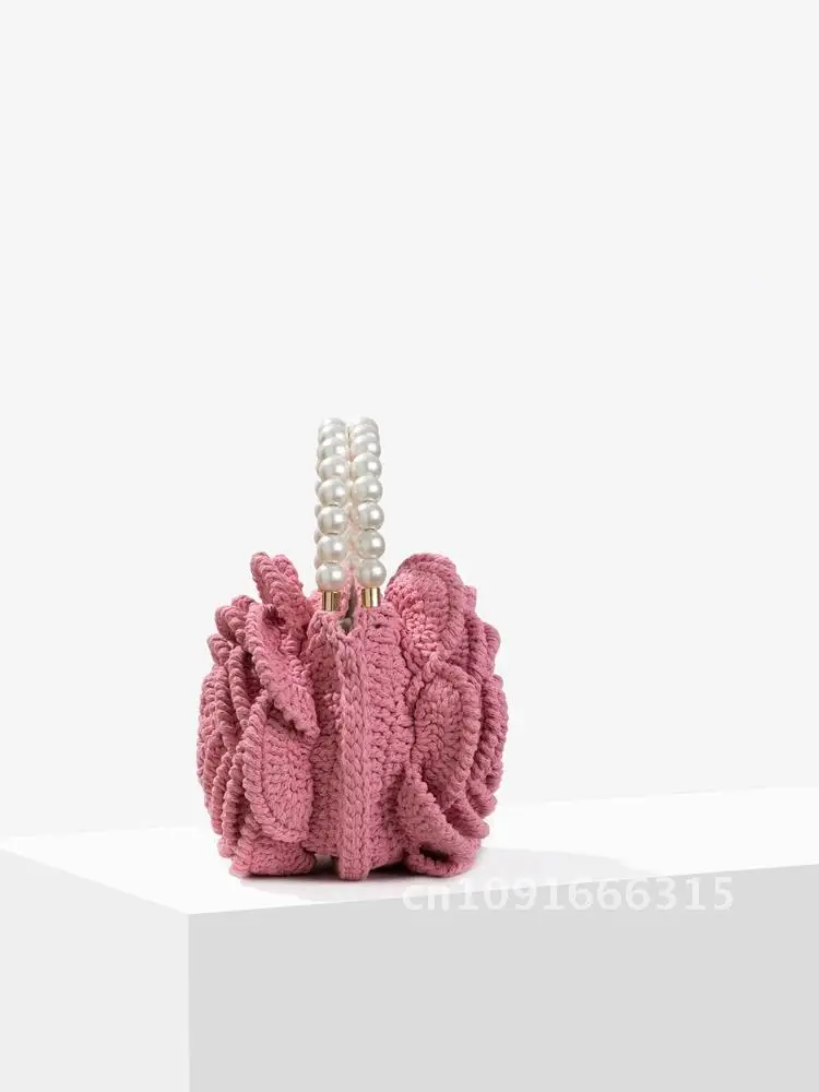 Crochet rose flower clutch chic evening party tote handbag iovry woven 2024 Jacquard new bag purse pink