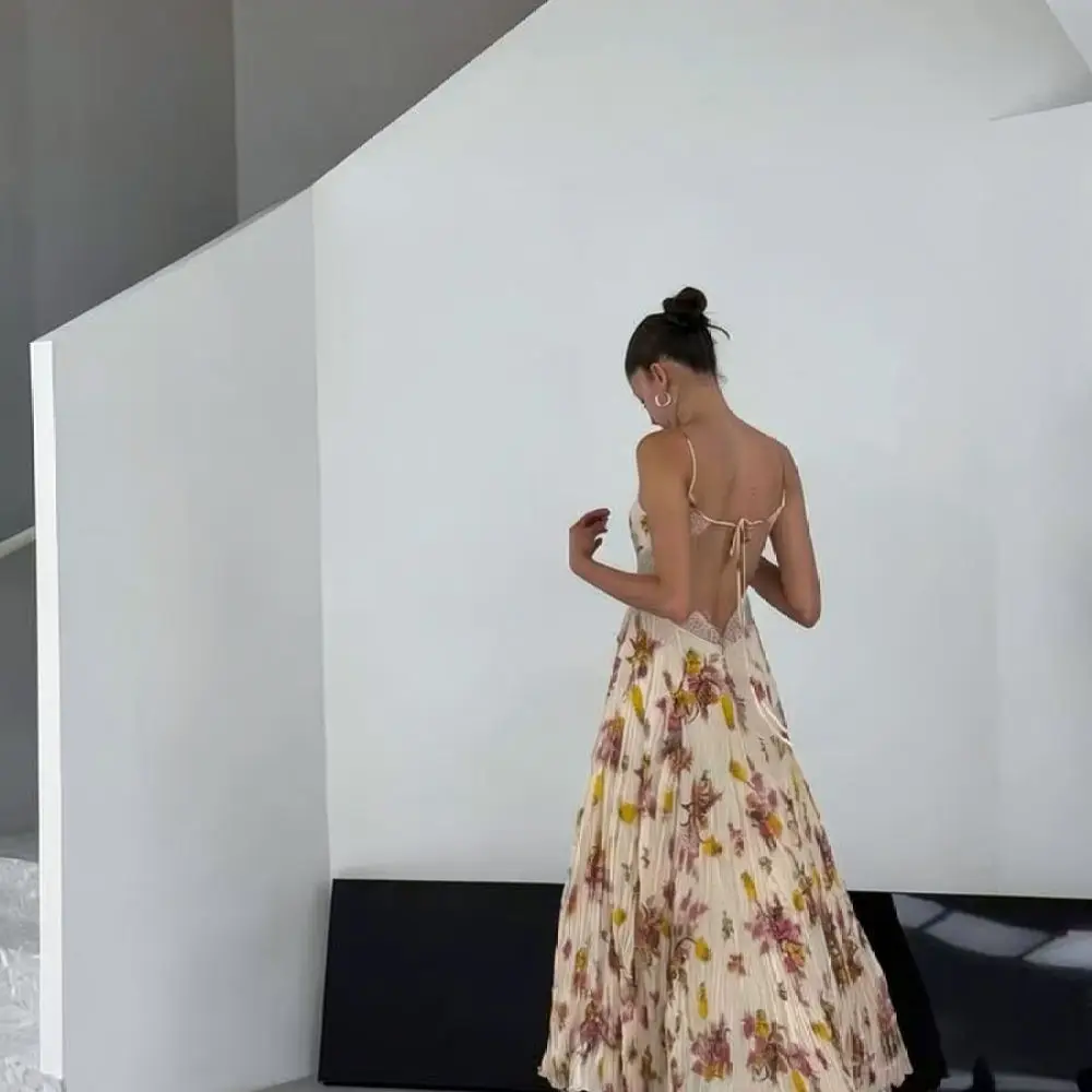 Women Summer French Floral Long Dress V Neck Backless Spaghetti Strap Elegant Vacation Beach Casual Fairy Maxi Gowns