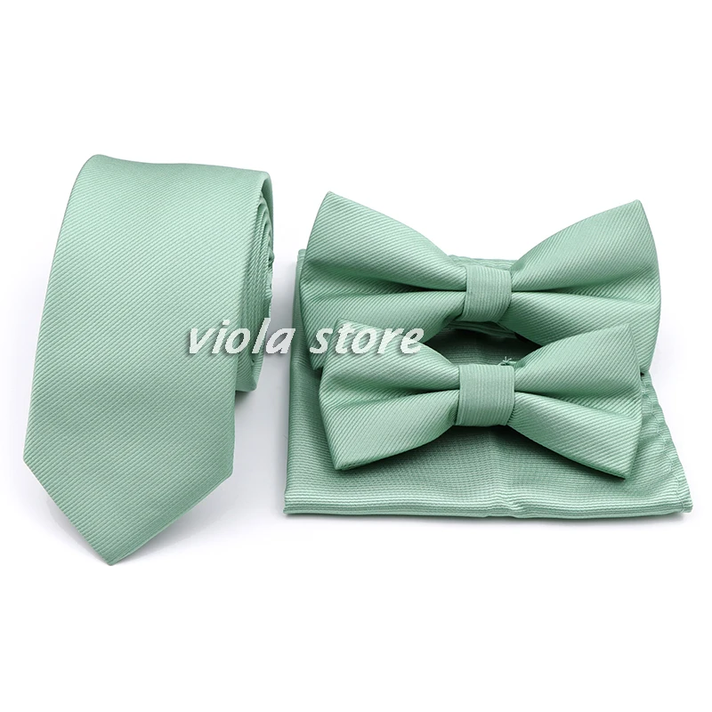 Hot Sage Green Solid 6cm Polyester Necktie Set Men Kids Butterfly Wedding Party Banquet Bowtie Hankie Cravat Gift Accessory Gift