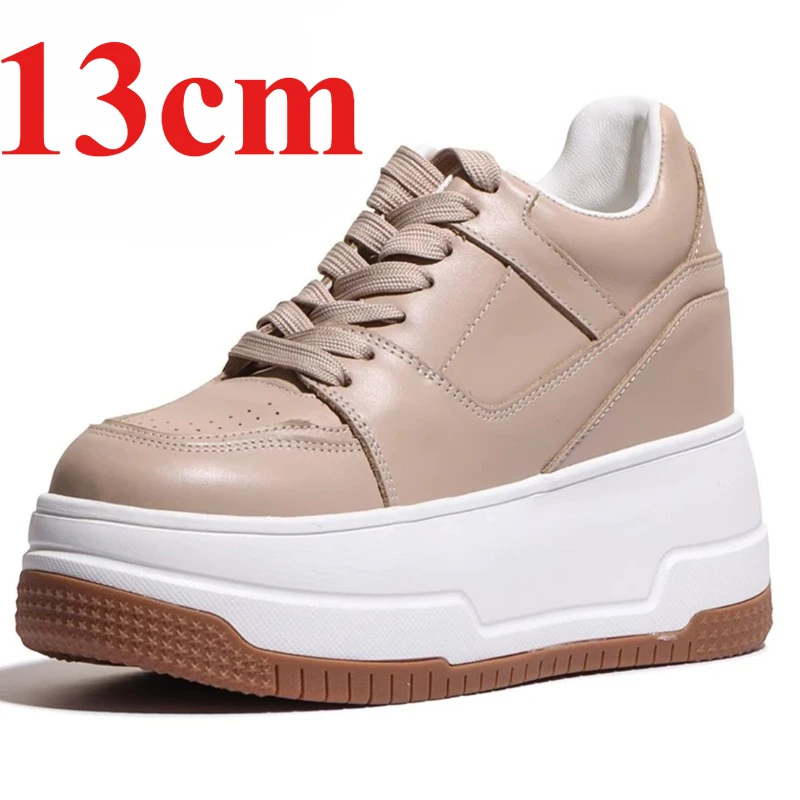 Genuine Leather Vulcanize Shoes for Women's 13cm Elevator Apricot Casual Board Shoes Outdoor Thick-soled Height Increasing Shoes