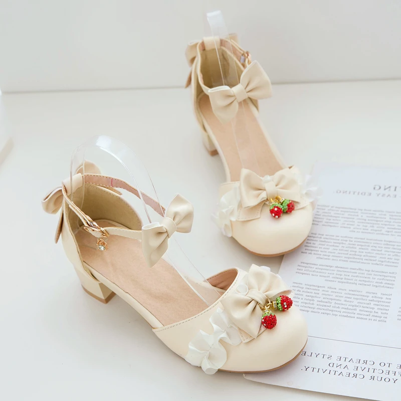 

LO Lolita Shoes Bow Student Sweet Round Head Thick Heels Large Fairy Sandals Cos Loli Tea Party Girl Shoes