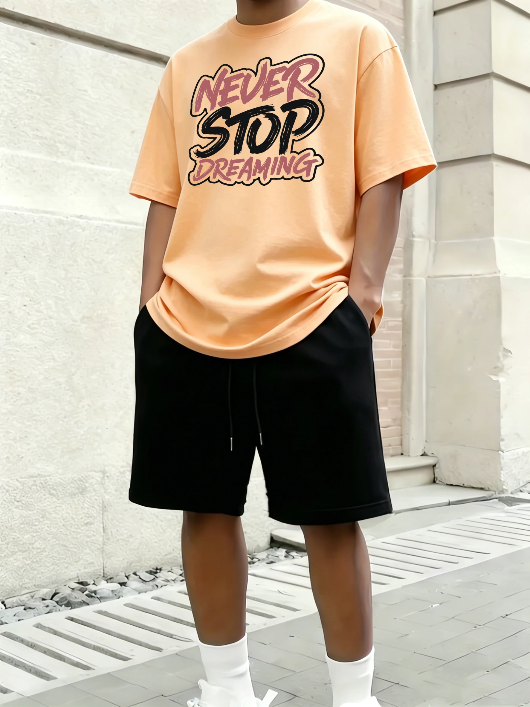 

Never Stop Dreaming Art Letter Print Cotton Summer Simple Man T Shirt Sets Comfortable Breathable Tops Jogging Basics Sportpants