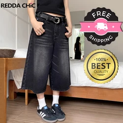 REDDACHiC Retro Y2k pantalones cortos holgados mujeres hombres bigote vaqueros negros cintura baja Casual pantalones anchos pantalones cortos de mezclilla deshilachados ropa de gran tamaño