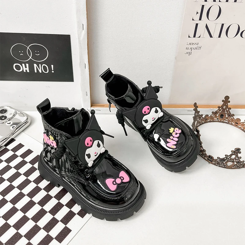 Cute Kuromi Girls Shoes Sanrio Kawaii Anime Children Ankle Boots Winter Sweet Cartoon Martin Boots Lovely Leather Boots Kid Gift