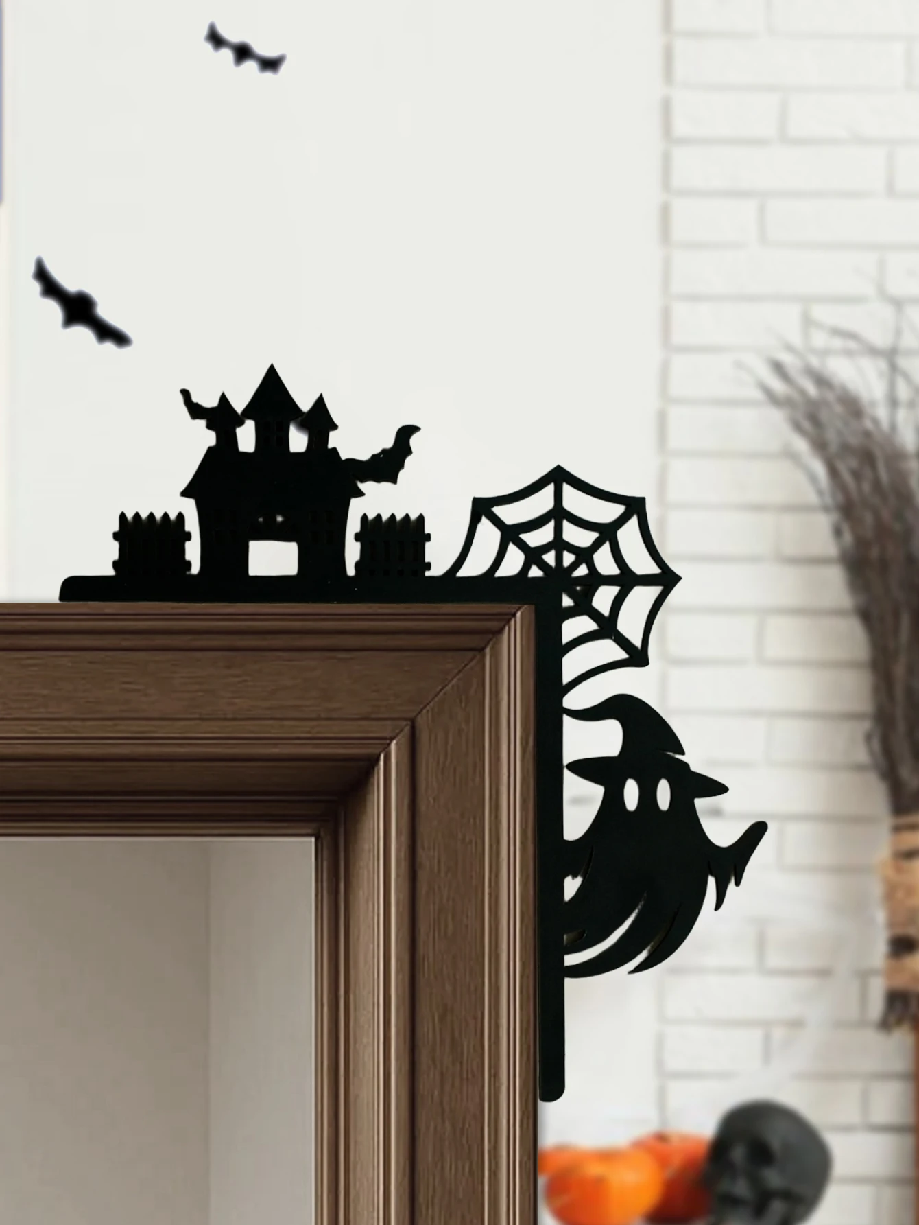 Wooden Halloween Door Corner Decor, Gothic Haunted House, Ghost & Spider Web Design, Black Wall Hanging Ornament for Home Party