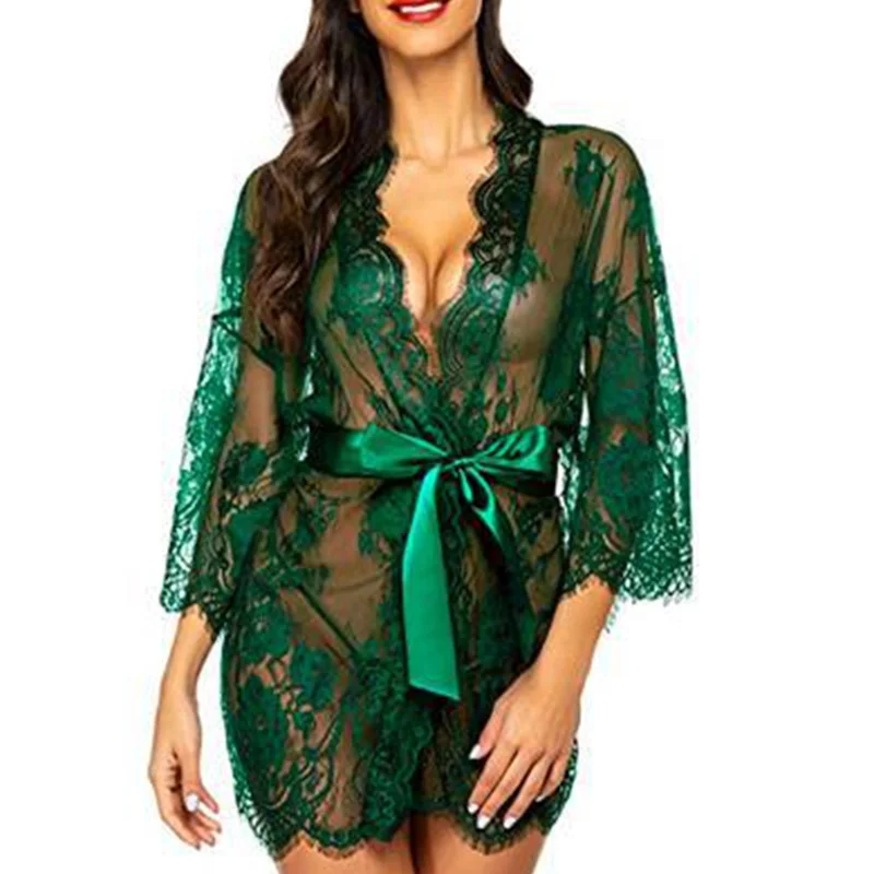 Sexy lingerie feminina vestido de noite de renda sleepwear nightgown bandagem v profundo g-string ver através sexy vestido de sono puro robe