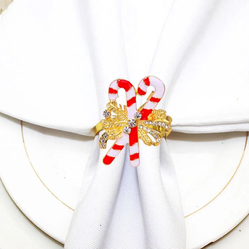 

4Pcs Candy Cane Napkin Rings Christmas Buckles Bow Crystal Holiday Napkin Holder for Wedding Dining Table Gold Napkins Rings