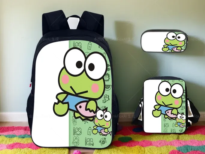 

Student Canvas Backpack Keroppi 3Pcs Set Casual Bookbag+Side Bag+Pencil Case,Sanrio Classic Schoolbag for Boy Girl