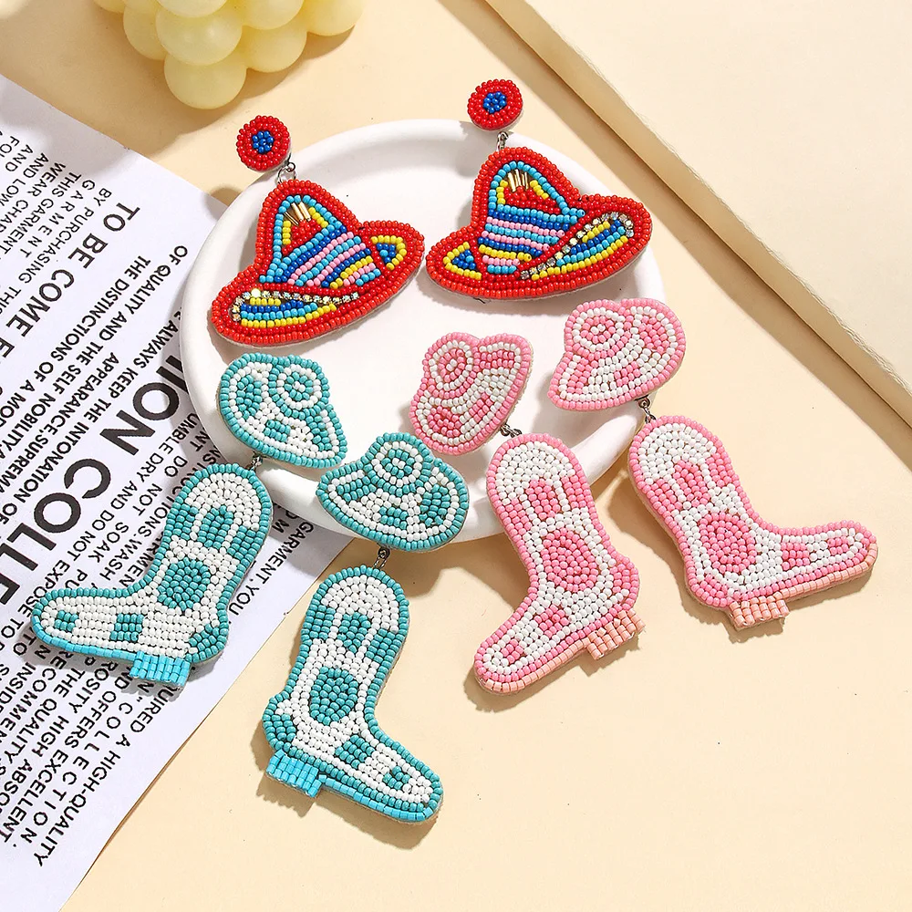 

Western Cowboy Beaded Earrings Bohemian Handmade Cowboy Boots Hat Rice Bead Earrings