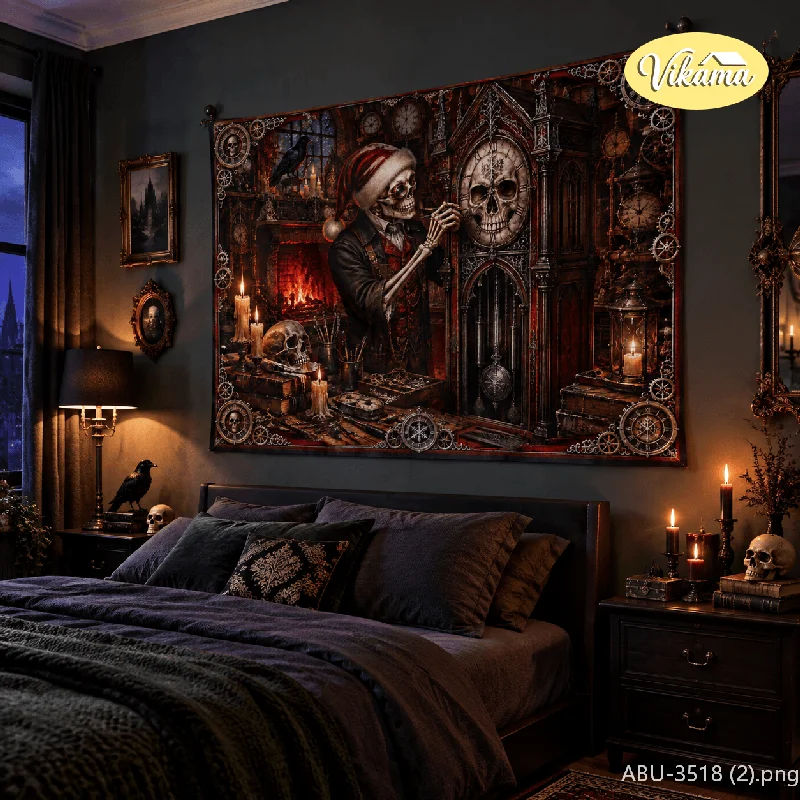 VIKAMA Gothic Christmas Watchmaker Skeleton Tapestry Christmas Hat Skeleton Background Cloth Living Room Party Wall Room Decor