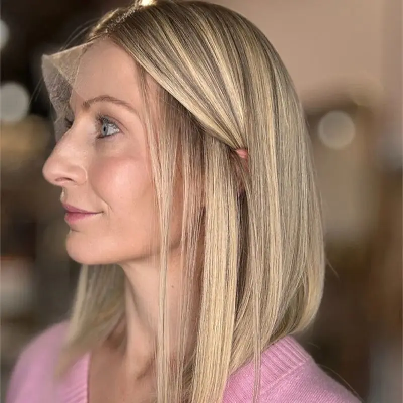 

Good Quality Wig 13x4 Middle Part Ombre Brown Blonde HD Synthetic Lace Front Wig Short Straight Bob Natural Wigs Gift For Her