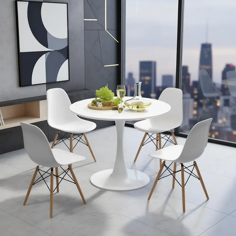 Ensemble de salle à manger moderne 4 pièces : 32 tables rondes blanches avec chaises pour petits espaces et appartements