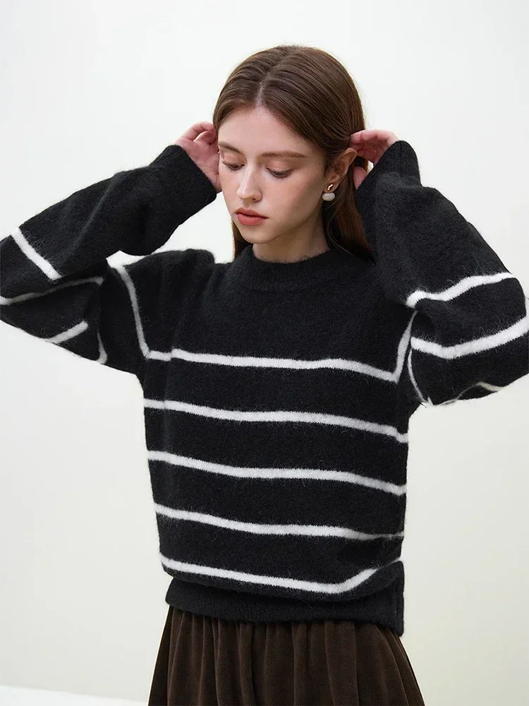 FSLE French Retro Style Puff Sleeve Round Neck Sweater For Women Winter 2023 Alpaca Wool Pullover Sweater Female Stripe Sweaters