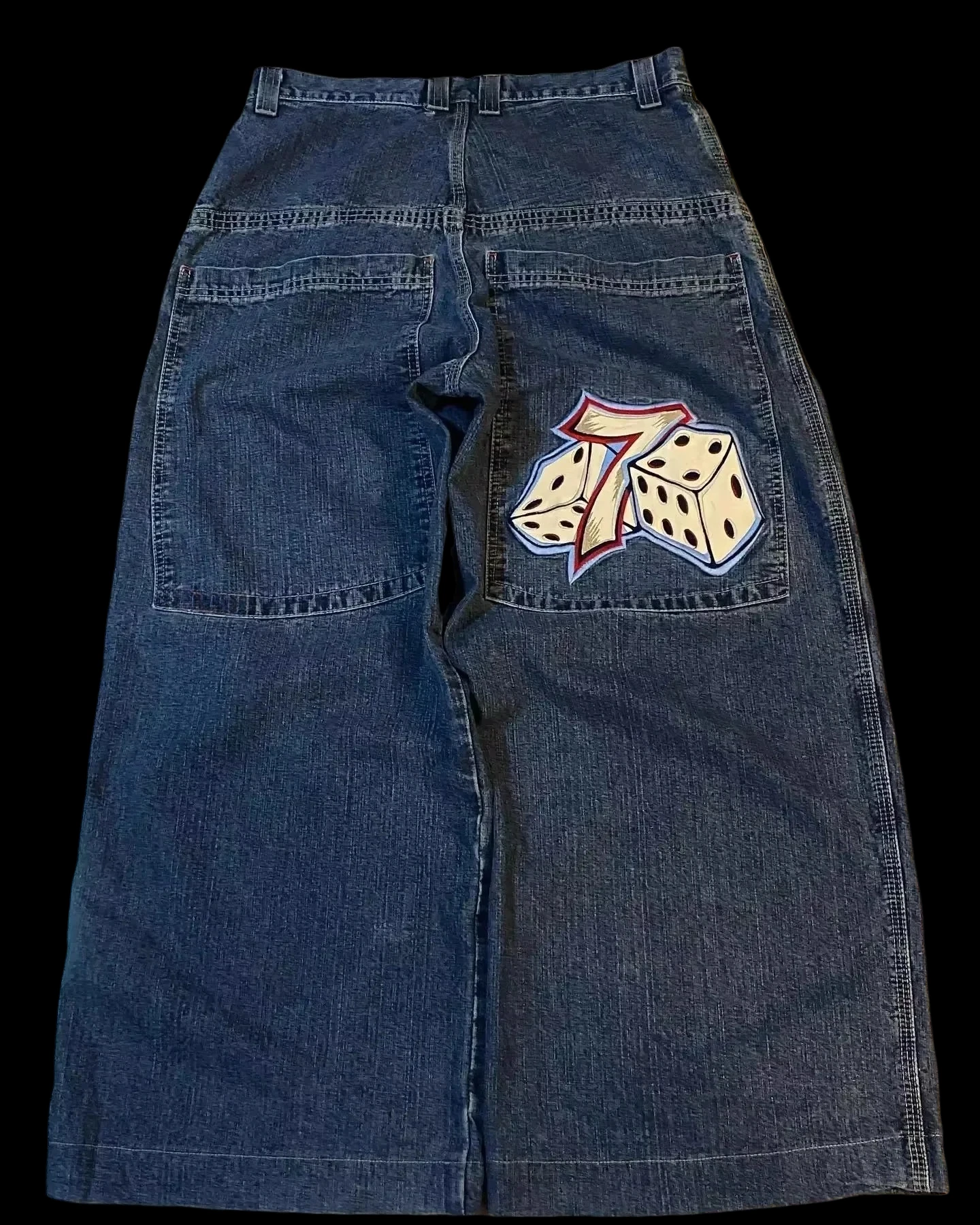 

Harajuku Hip Hop Embroidered Vintage Blue Baggy Jeans Dice Embroidered Baggy Jeans Y2K Clothes Men Women Low Rise Wide Leg Pants