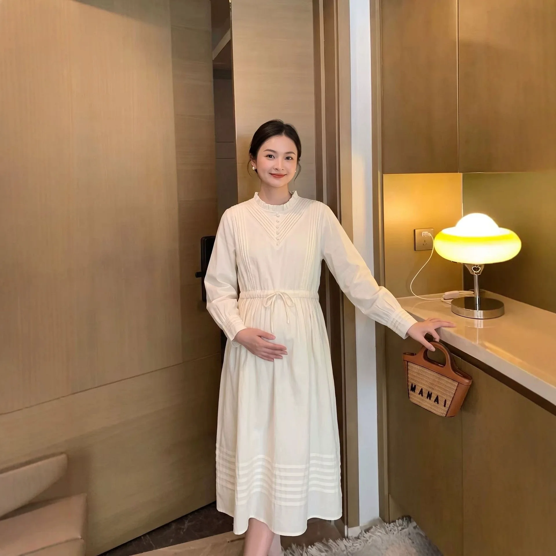 Maternity Clothing Autumn New Pinch Pleated Lady Temperament Fungus Collar Maternity Dress French Retro Maternity Dress