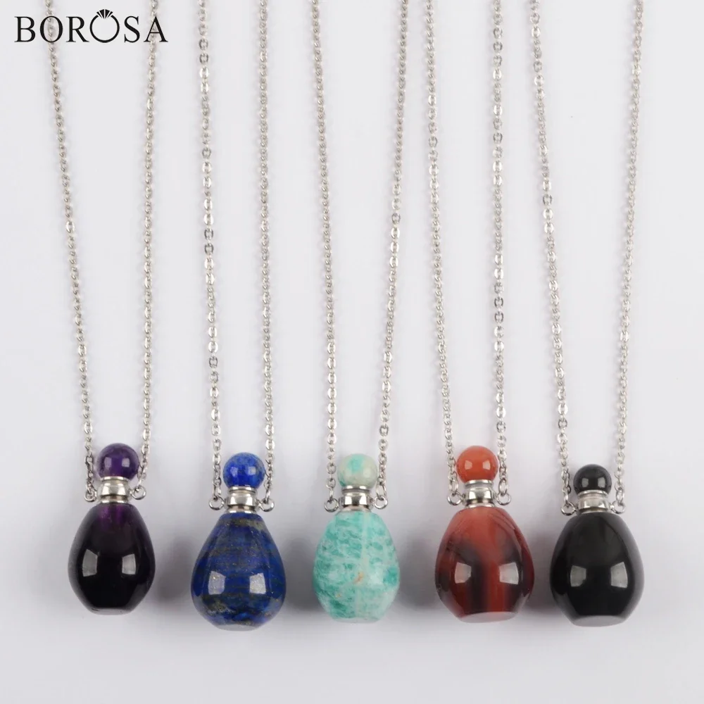 BOROSA Silver Plated Amazonite Agates Essential Oil Bottle Pendant Necklace Natural Gems Stones Perfume for Women Jewelry Gifts