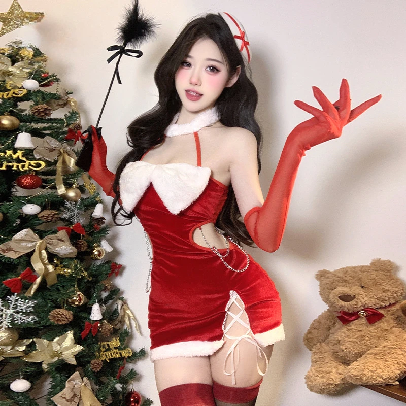 Lovermore 크리스마스 코스프레 유니폼 벨벳 체인 나이트 드레스, 장갑 및 스타킹, 에로틱 원피스 여성, 새해 섹시 란제리