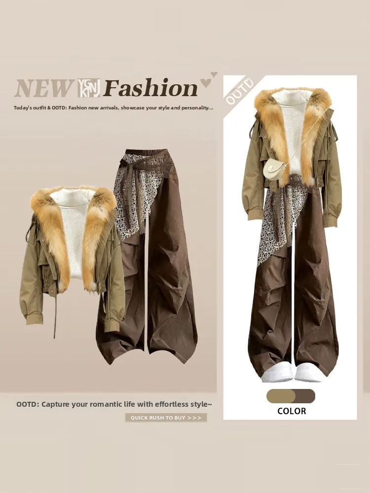 

Retro Hong Kong Sle Fur Collar Parka Jaet High Waist Wide Leg Pants Set Women's Winter Faion Set ort Sve Top