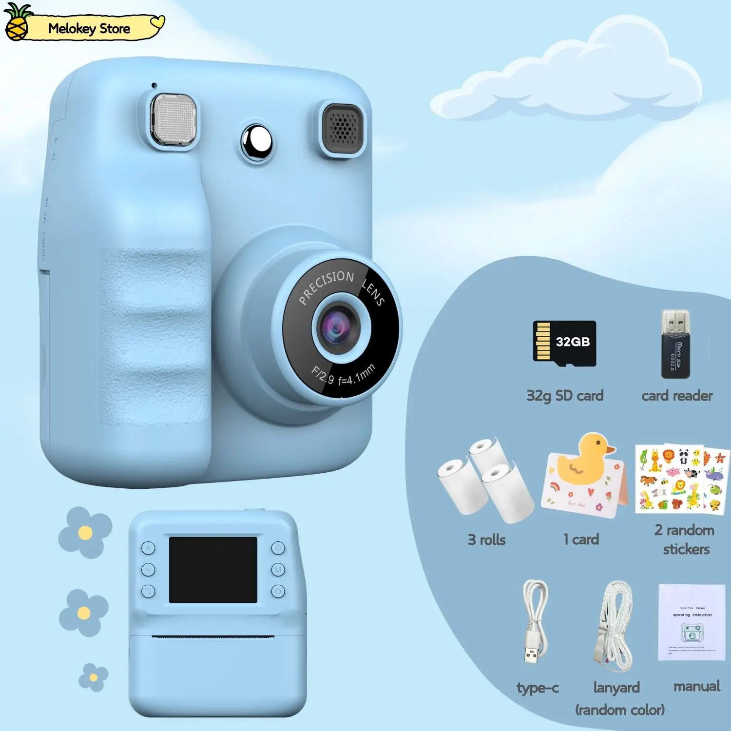 

Cute Blue Kids Photo Camera Printer with Game Mini Digital Video Child Instant Print Camera 4-12 Years Kids Girls Boys Gifts