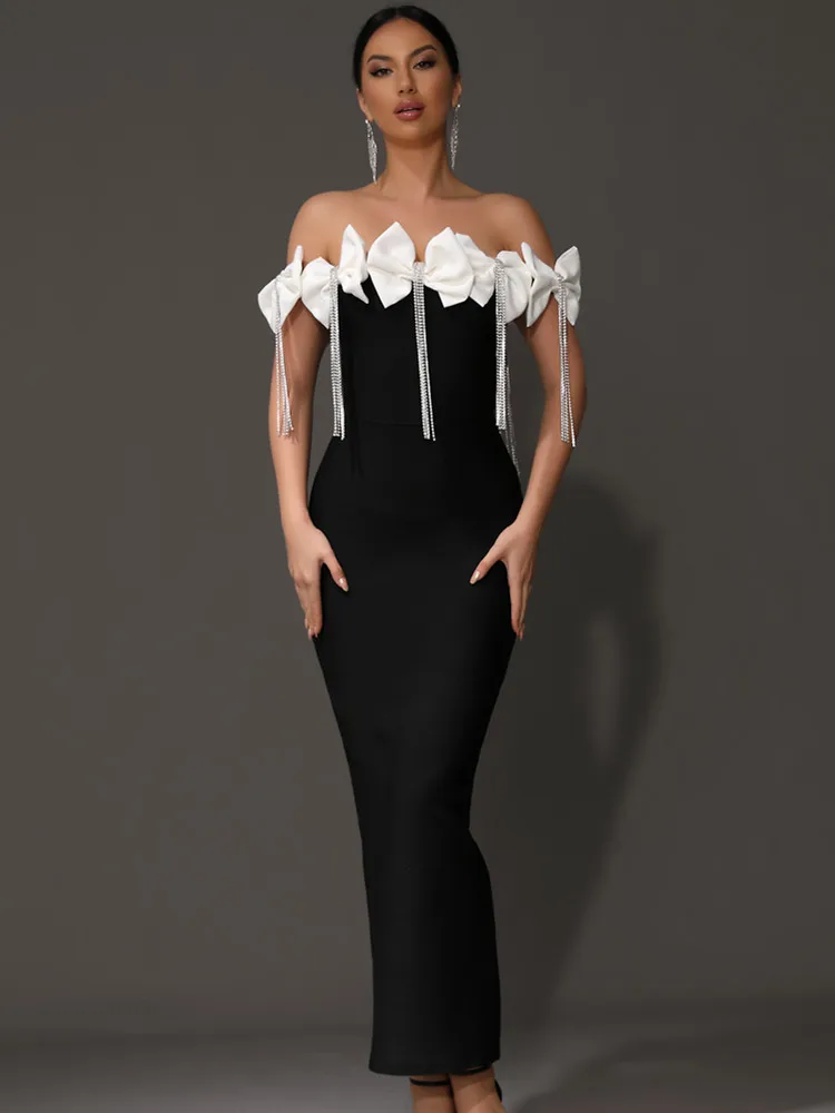 Women Celebrity Sexy Off Shoulder Bow Tie Diamonds Black Maxi Long Bandage Dress 2024 Knitted Elegant Evening Club Party Outfit