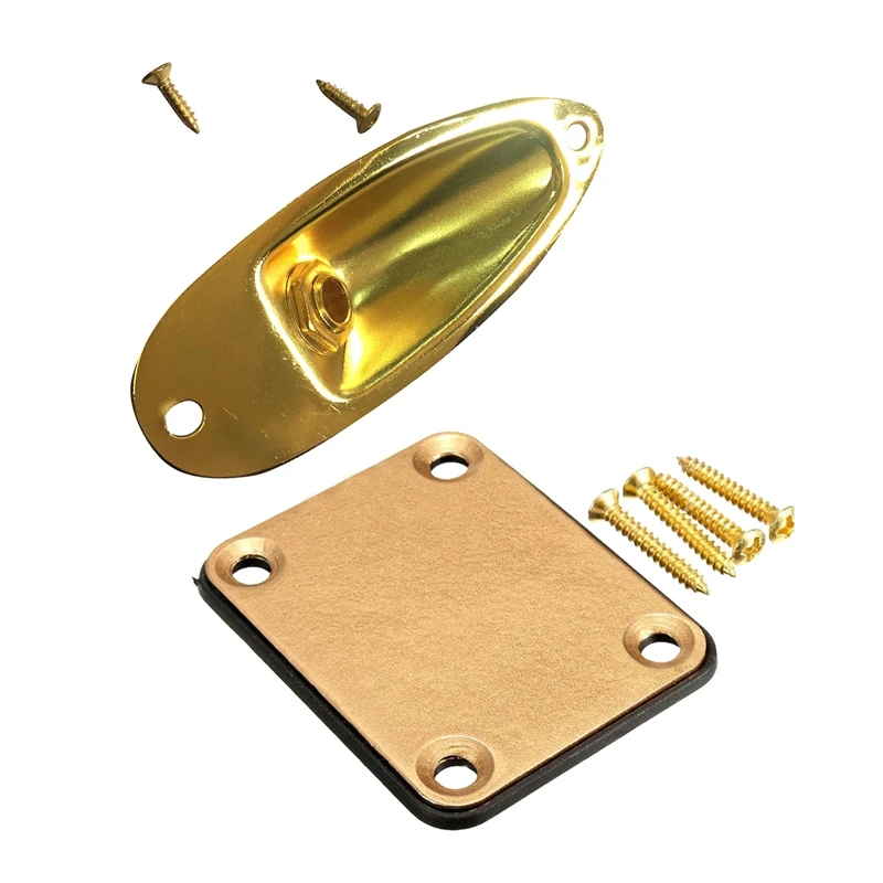 1Set Gold Neck Plate With 4 Screws For Fender Strat Electric Guitar & 1Pcs Boat Output Input Jack Plate Sockets