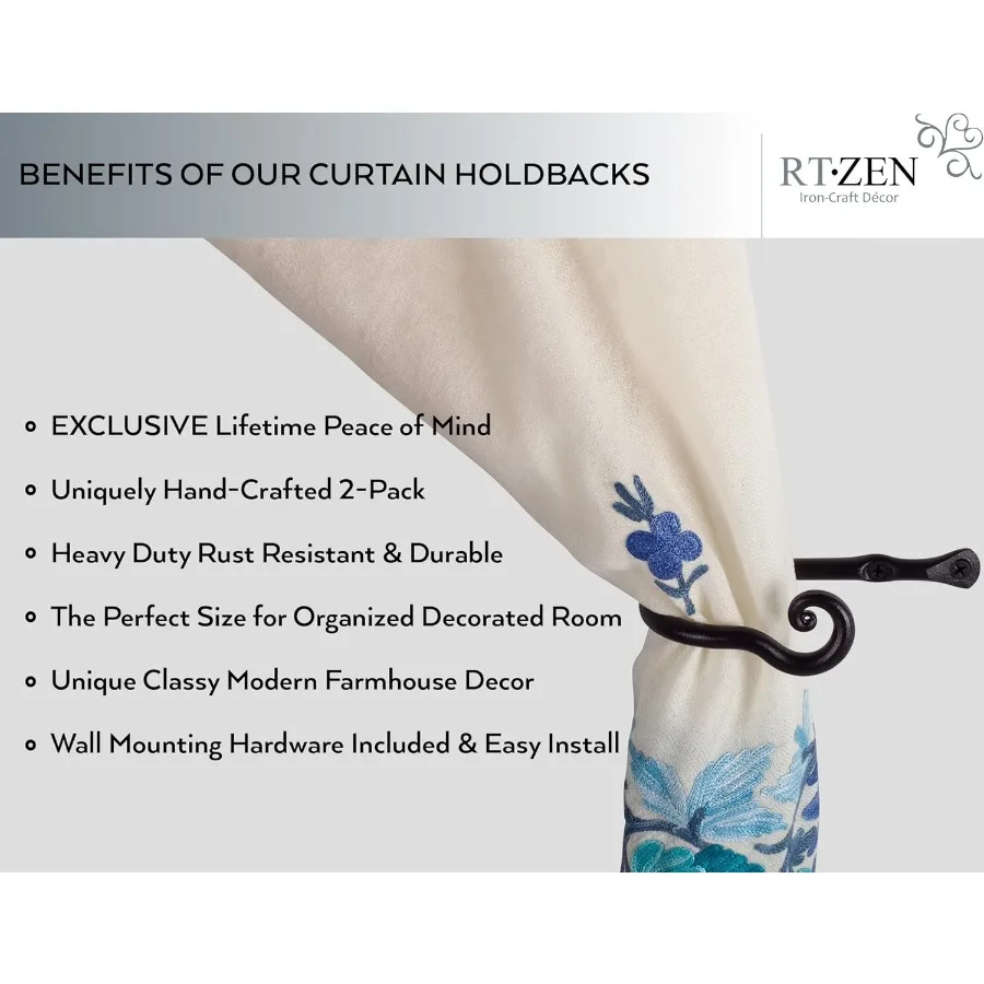 أربطة ستائر معدنية مزخرفة لغرفة المعيشة وغرفة النوم على طراز المزرعة مع ستائر من الحديد المطاوع باللون الأسود الكلاسيكي