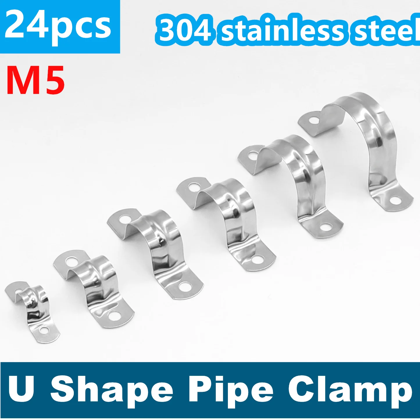 24pcs 304 Stainless Steel U Shape Pipe Clamp 5mm Two Hole U-Tube Strap Clamp Hose Clip Water Pipe Brackets Plumbing Saddle Clamp