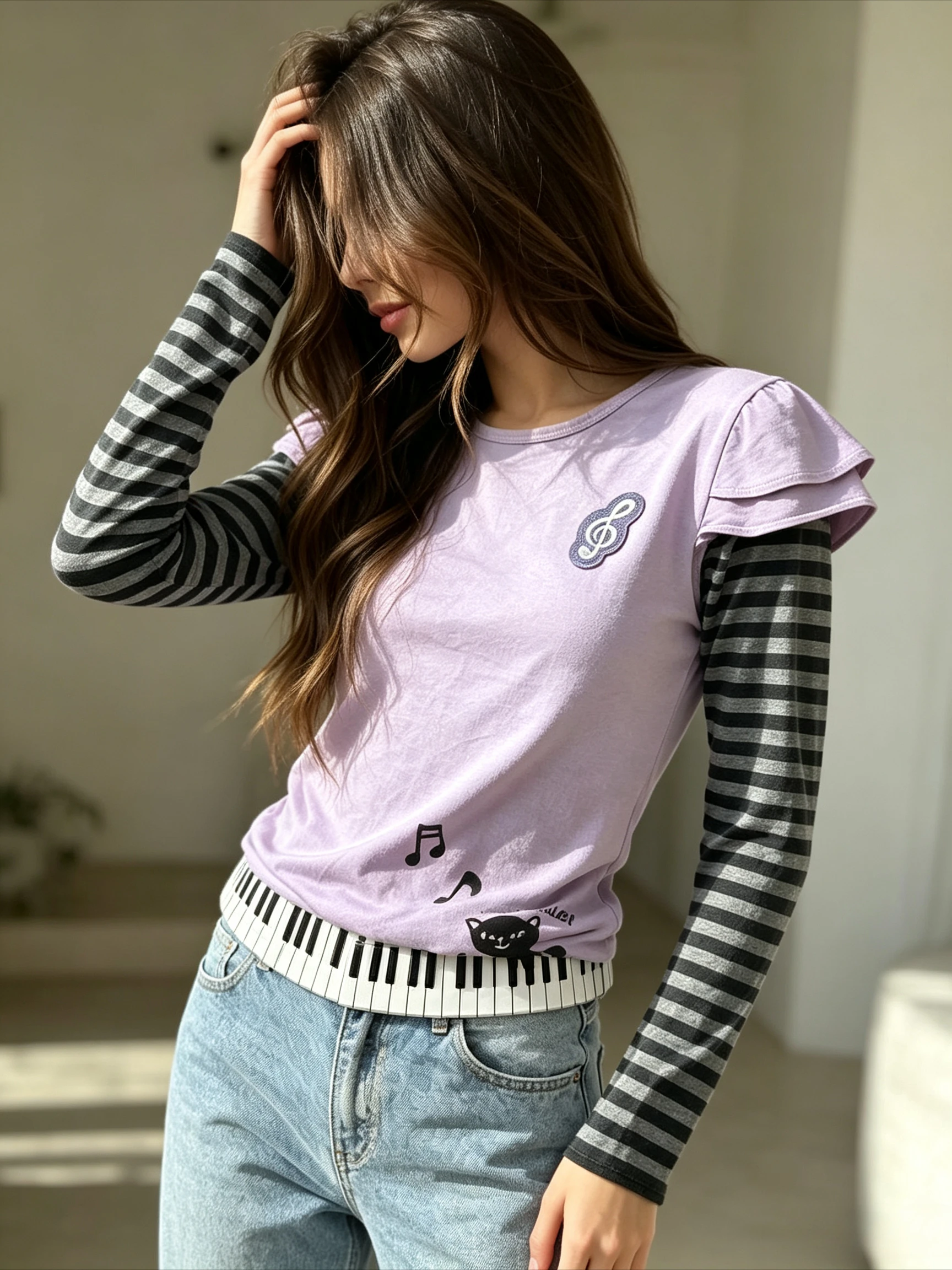 Lavender Fake Two Piece Long Sleeve Top Ruffle Shoulder Music Note Patch Cat Piano Key Print Soft Casual Tee