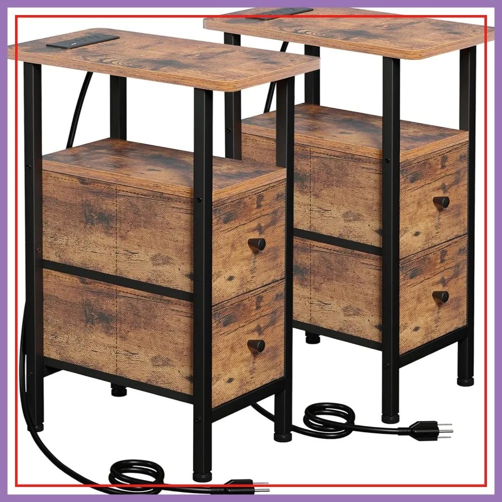 

Narrow Nightstand with Charging Station, End Table for Small Spaces, Rustic Brown